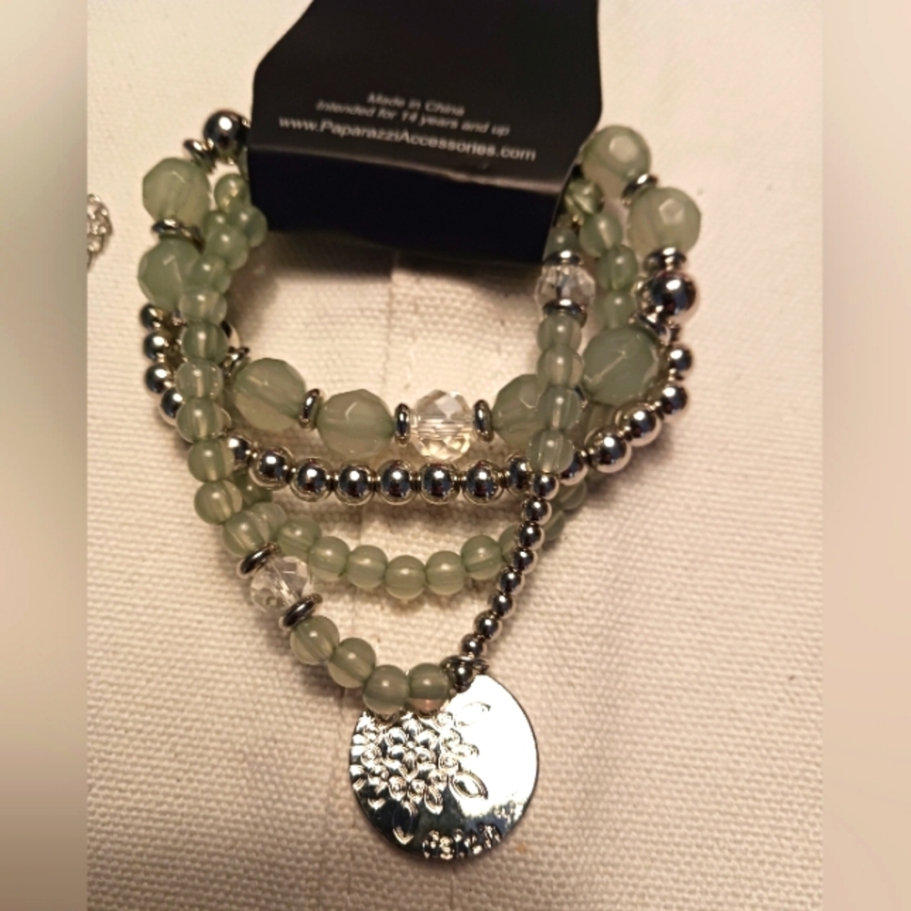 Paparazzi New Green and Silver Beaded Bracelet Set